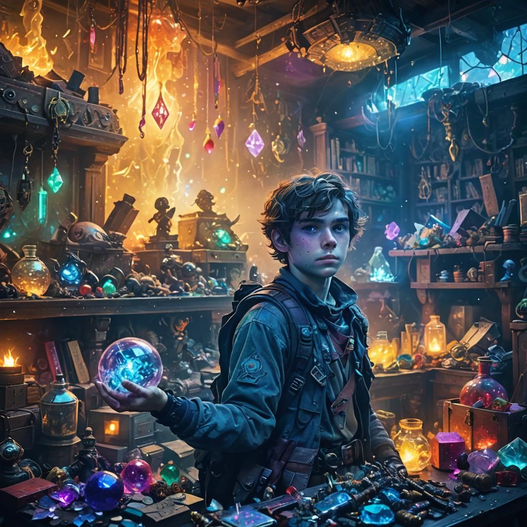 Adventurer Surrounded by Crystals in Dark Fantasy Style