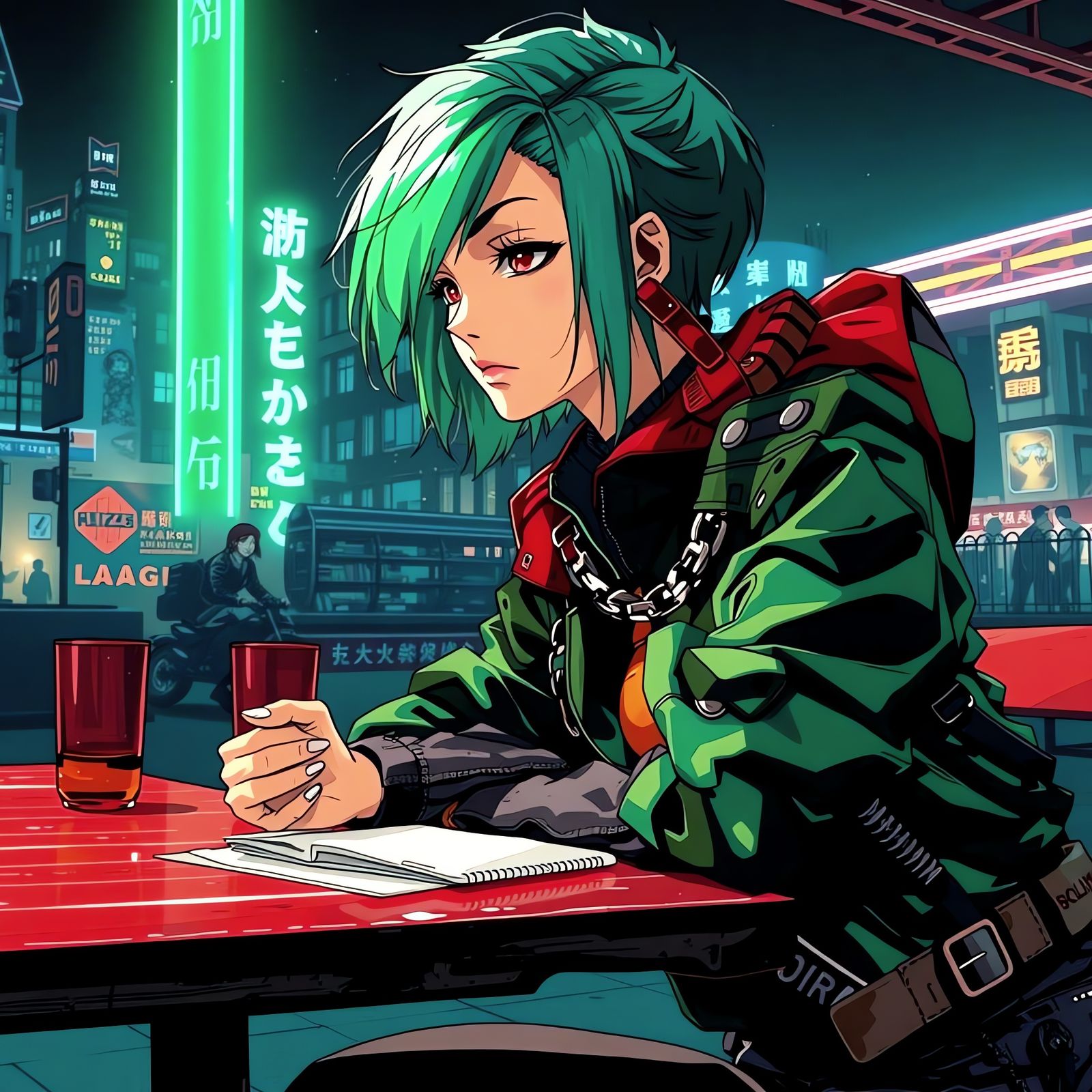 Manga Girl with Green Hair, Cel-Shaded Anime Art
