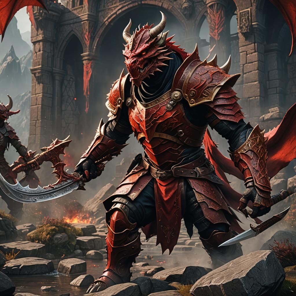 Detailed Red Dragonborn Fighter in Fantasy Art