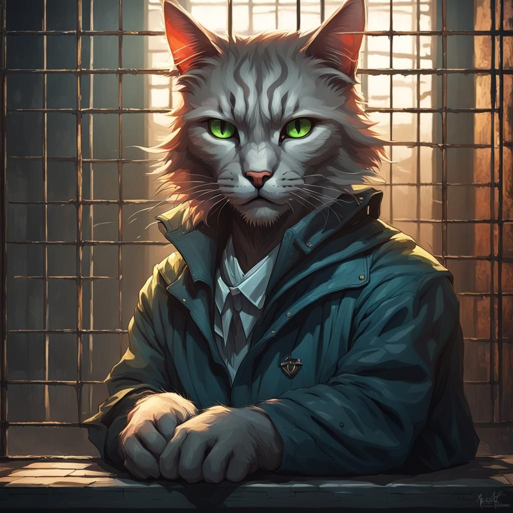 Humanoid Cat Portrait in Prison Cell, Detailed Digital Art