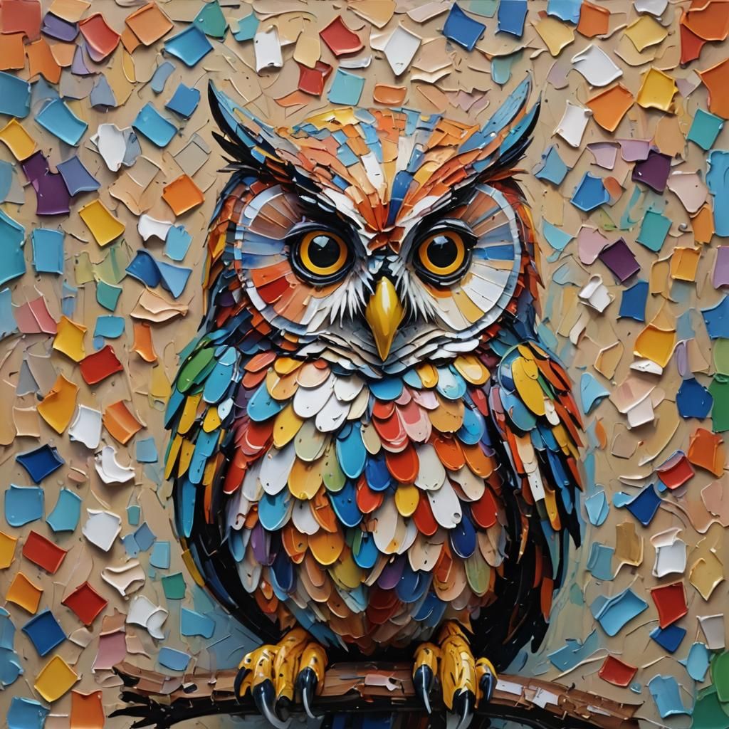 Neo-Impressionist Owl Sculpture Painting