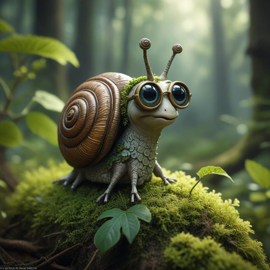 Whimsical Snail Explorer in Mystical Forest