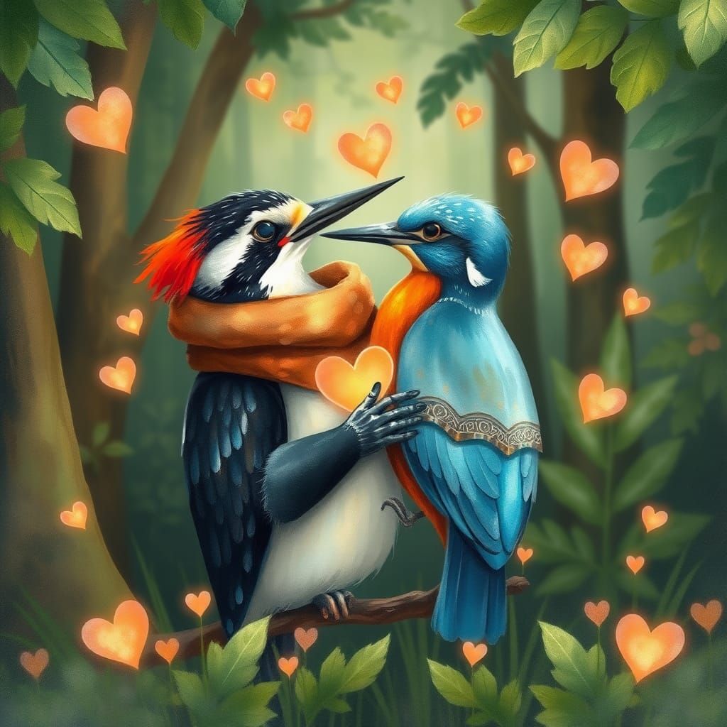 Woodpecker and Kingfisher Embrace with Soul Hearts