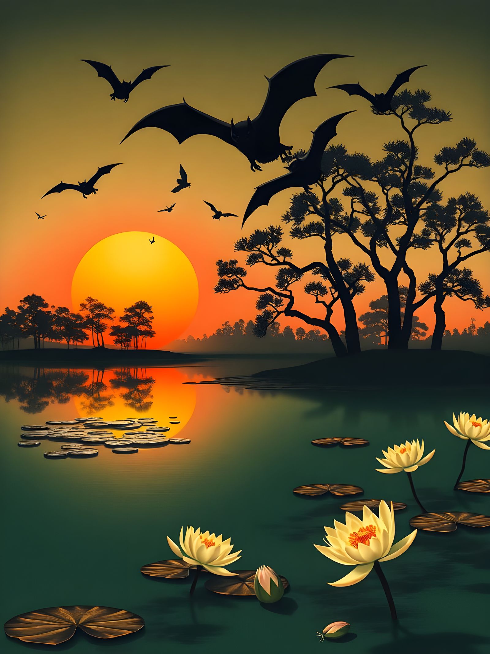 Bats at Sunset: Japanese Ink Scroll in Biopunk Style