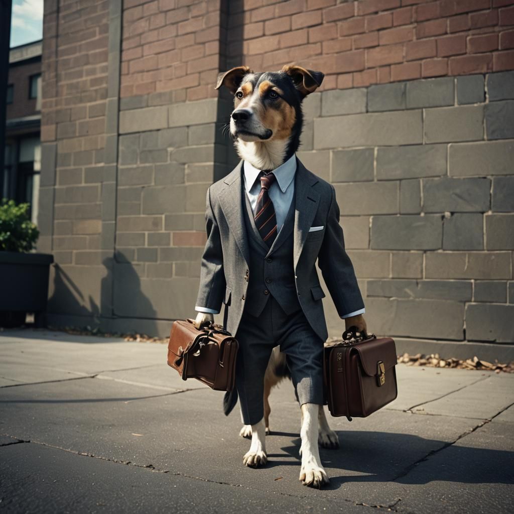 Dog in Suit with Briefcase: Cinematic Still