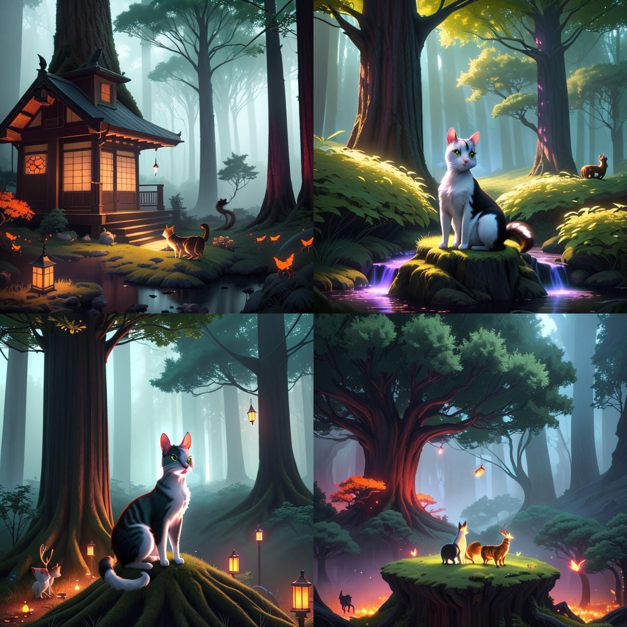 Hyperrealistic Cat at Sunset in Enchanted Forest