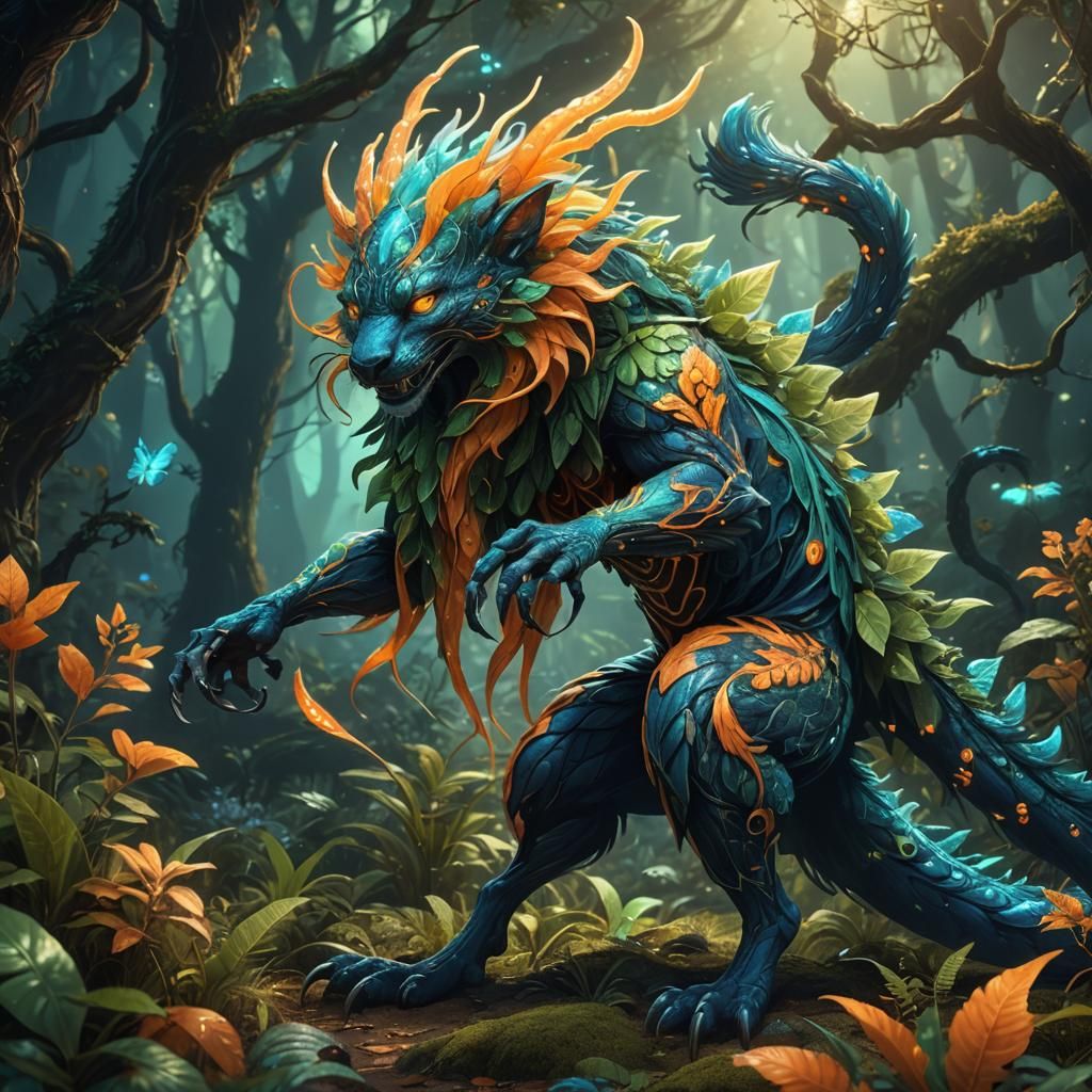 Mystical Creature Transformation in Bioluminescent Forest