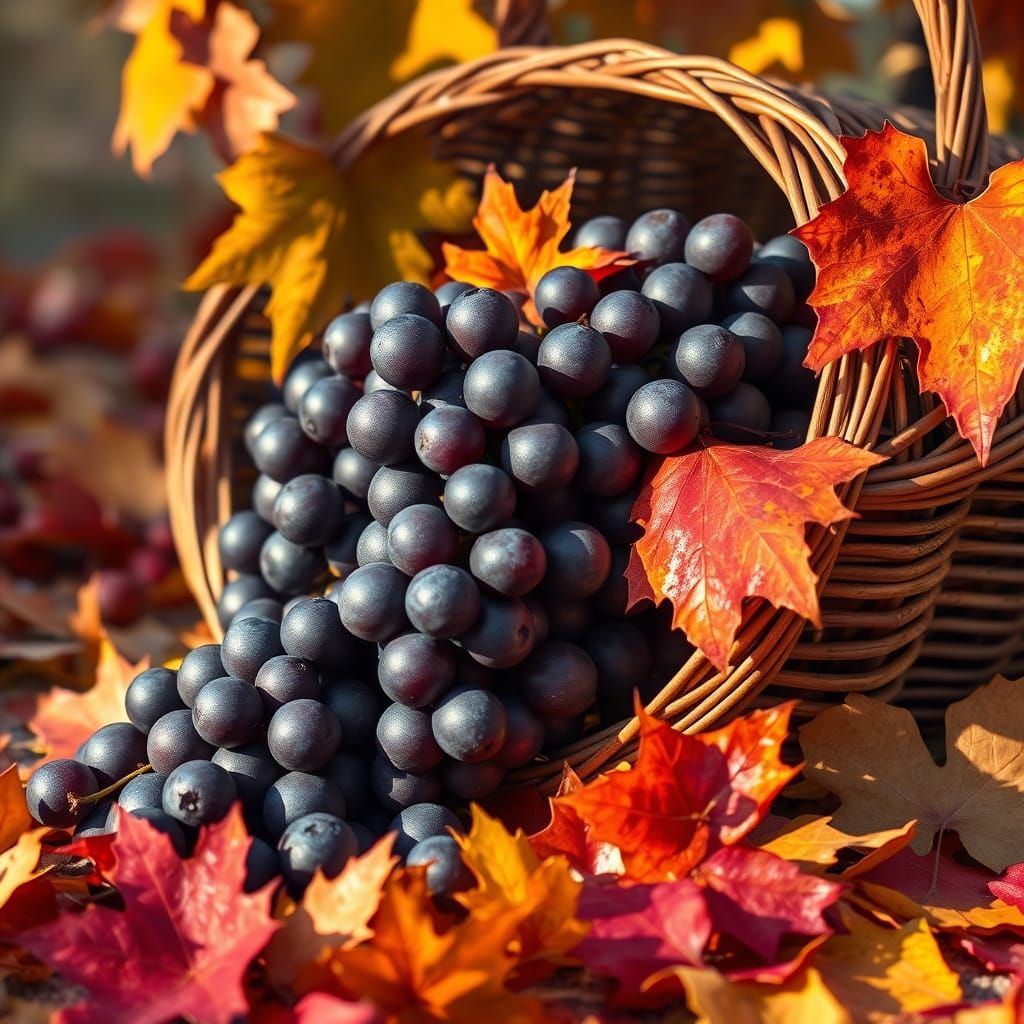 Golden Autumn Scene with Purple Grapes and Leaves