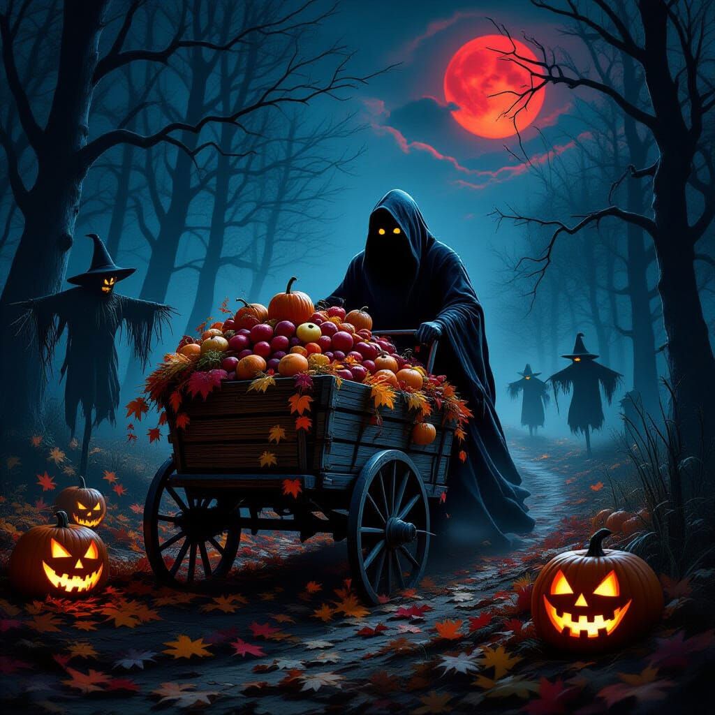 Nightmarish Autumn Horror Landscape with Ghostly Harvester
