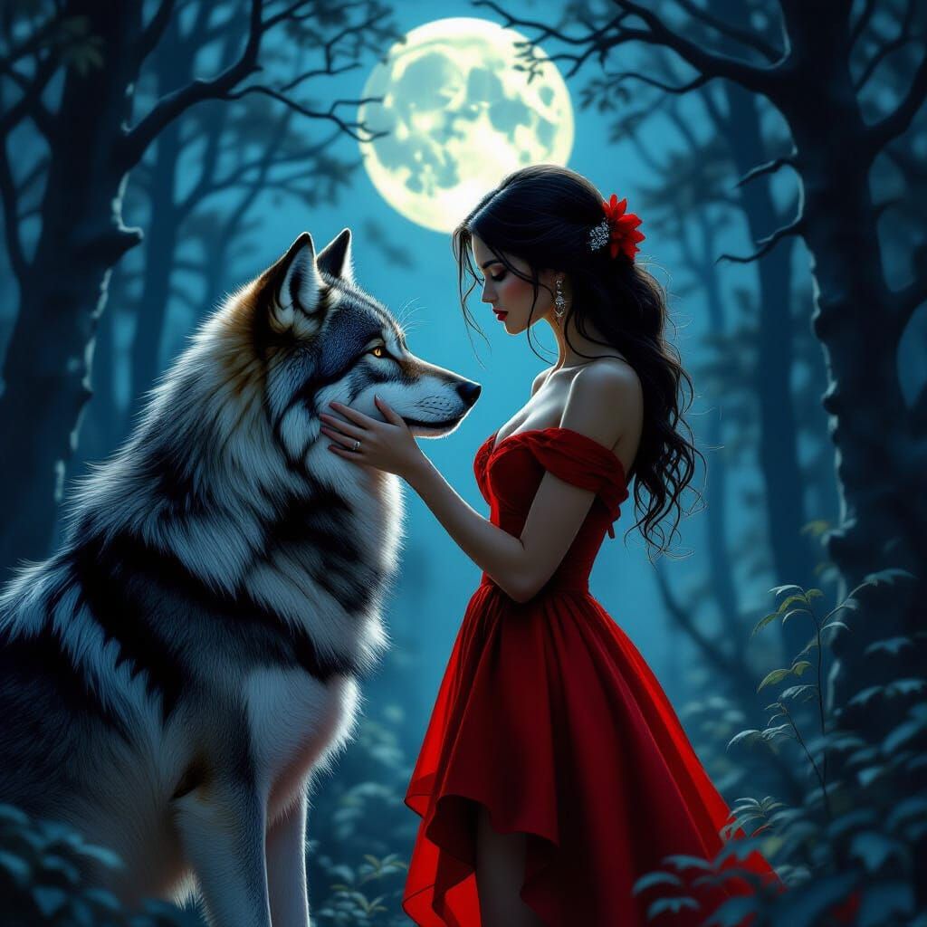 Woman and Wolf in Moonlit Forest, Dark Fantasy Art