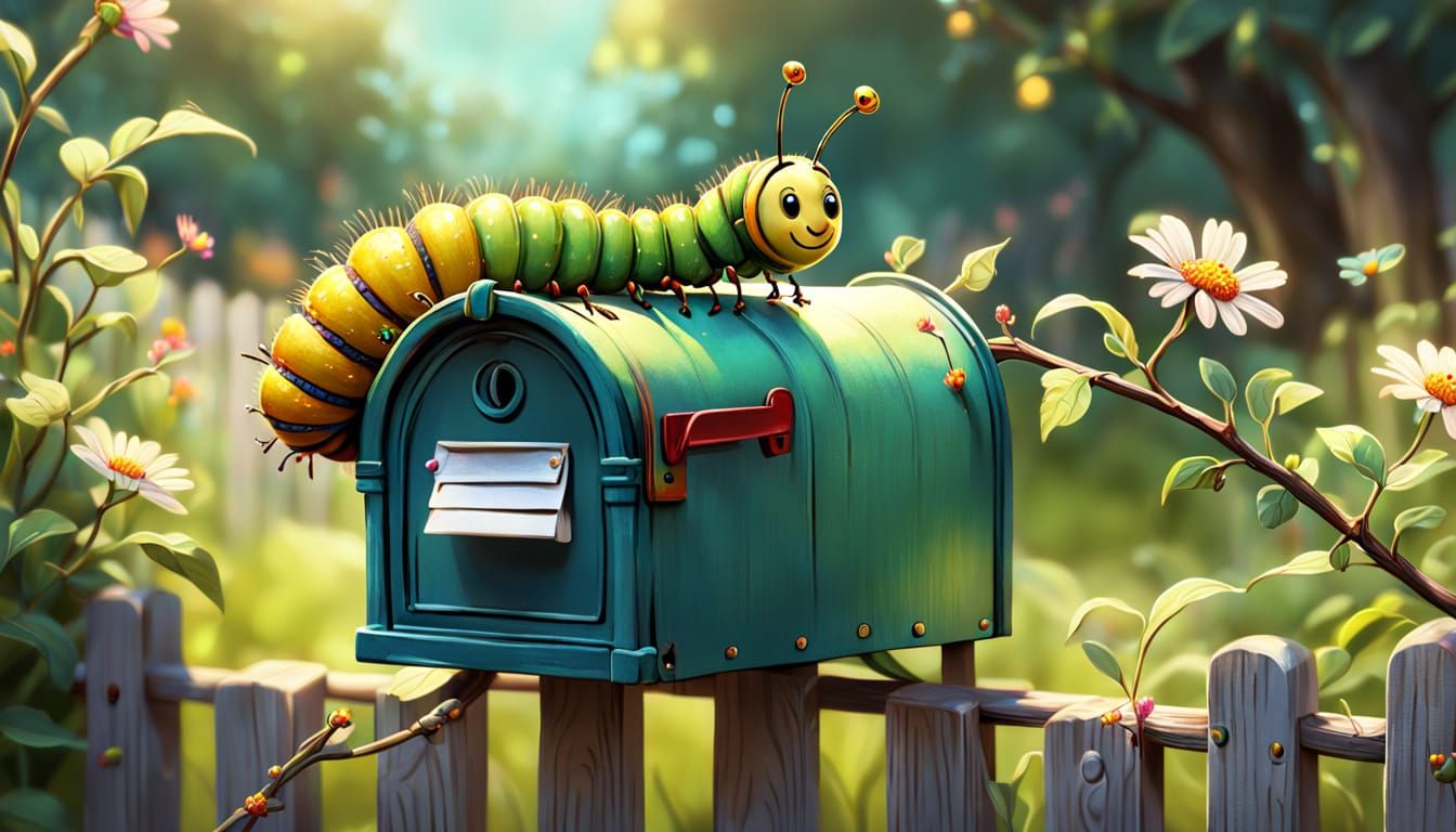 Giddy Caterpillar Receives Mail: Whimsical Digital Art