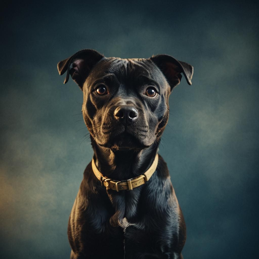 Dramatic Film Still of a Black English Staffy