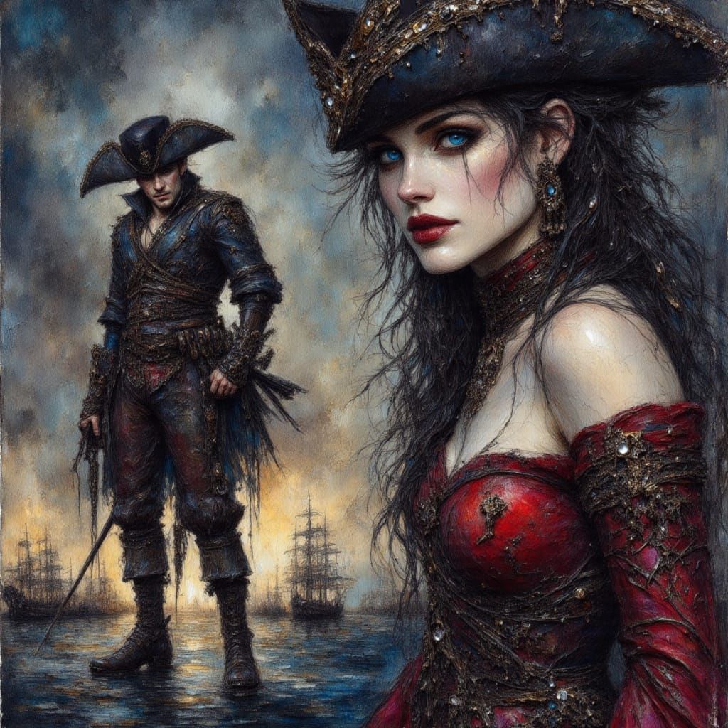 Pirate Sketch in Chiaroscuro Style with Ships