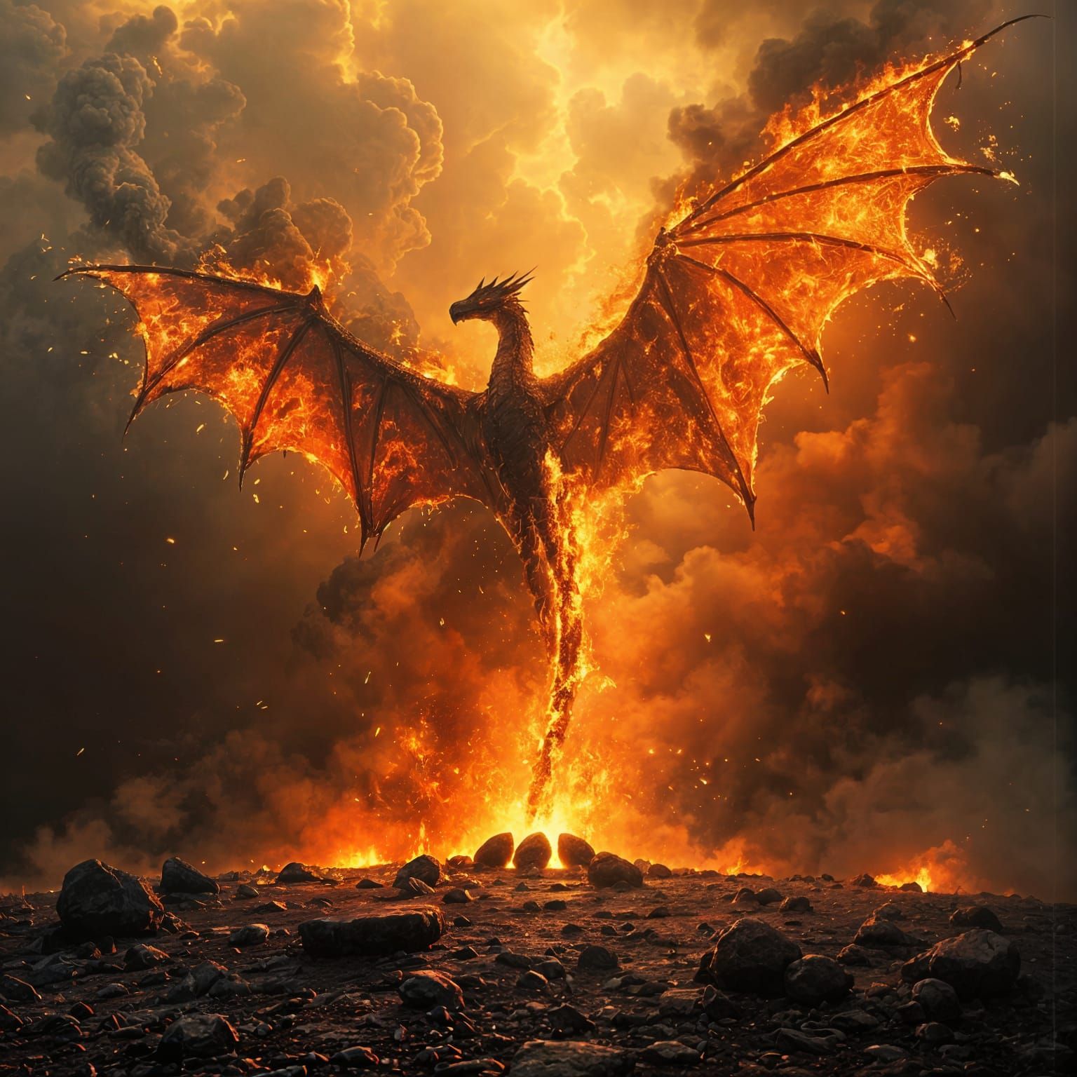 Fiery Dragon Rises Above Ruined Valley in Dark Oil Paint Sty...