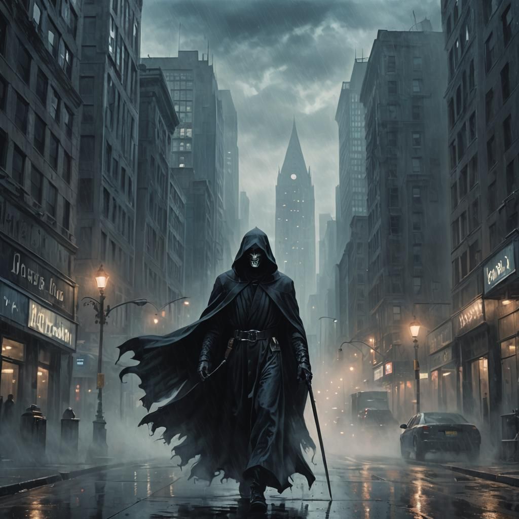 Grim Reaper in Foggy Metropolis: Gothic Noir Oil Painting