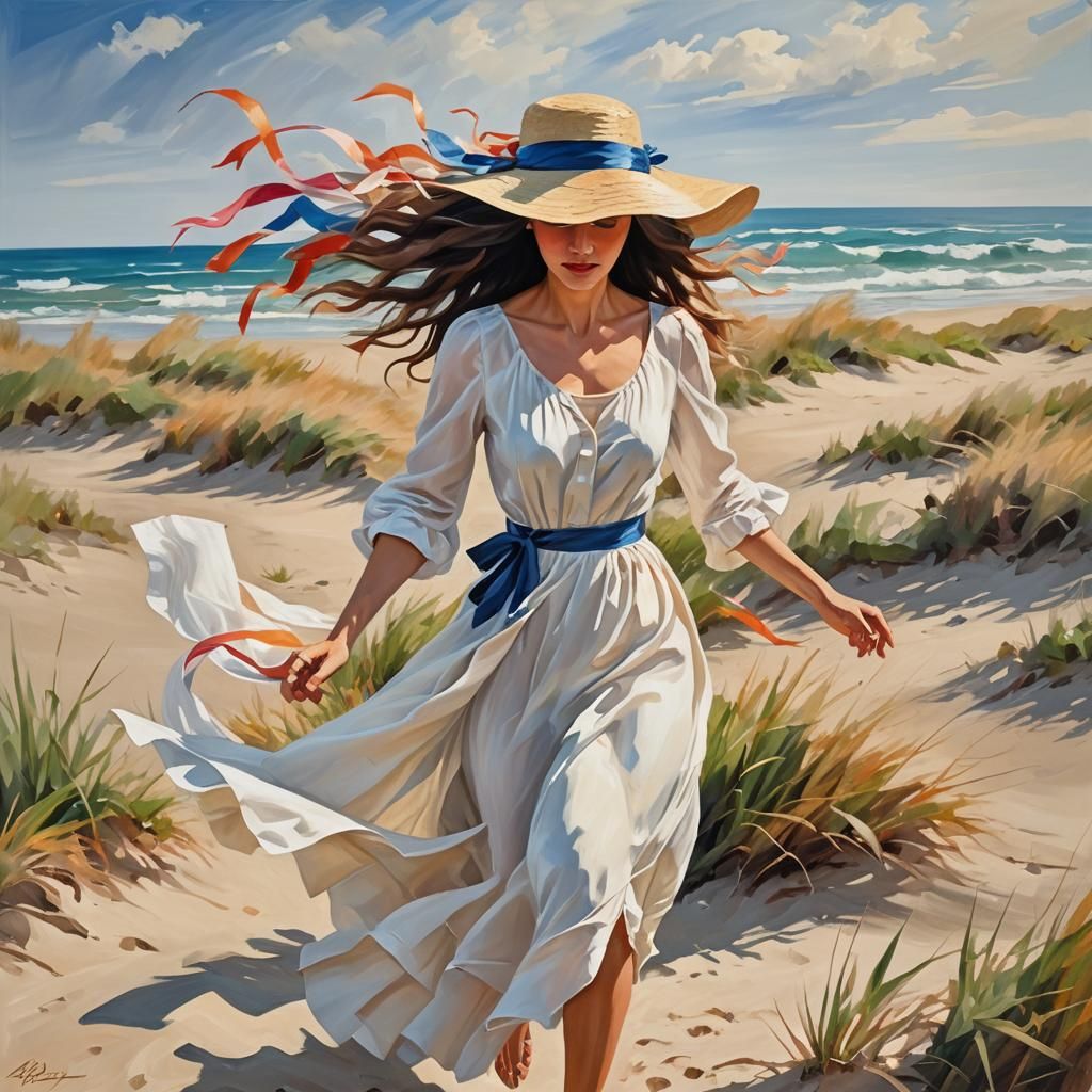 Woman Running on Windy Beach: Impressionist Oil Painting
