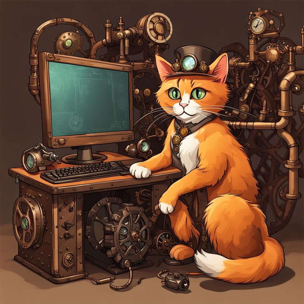 Orange Cat at Steampunk Gaming PC