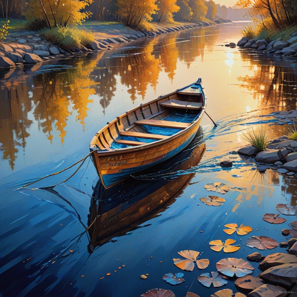 Neo-Impressionist Nature Scene with River and Boat