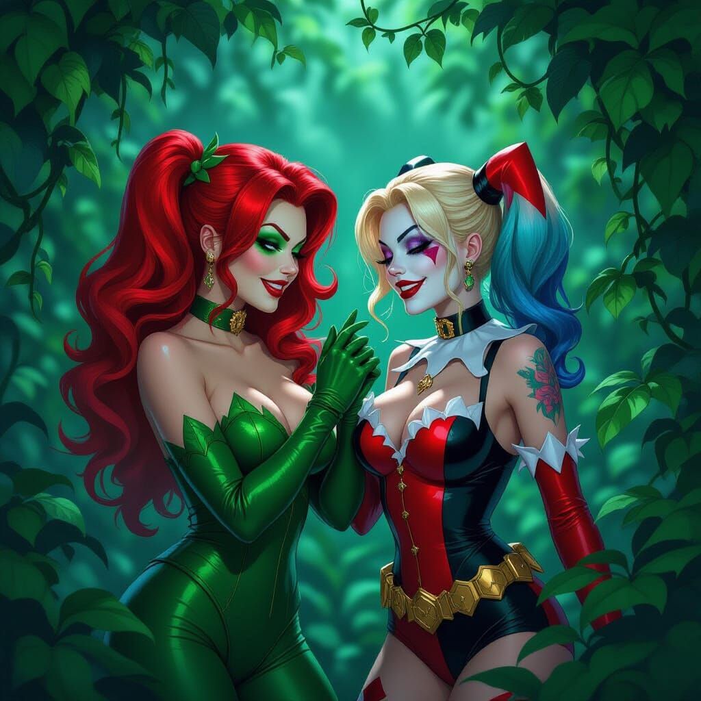 Poison Ivy and Harley Quinn in Botanical Garden Night Scene