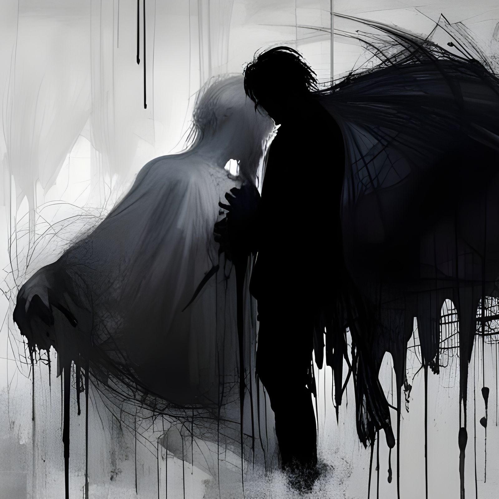 Ghosts Embrace in Dark Shadows: Oil on Canvas