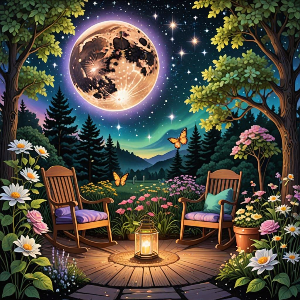 Whimsical Cosmic Springtime Scene in Vibrant Mixed Media