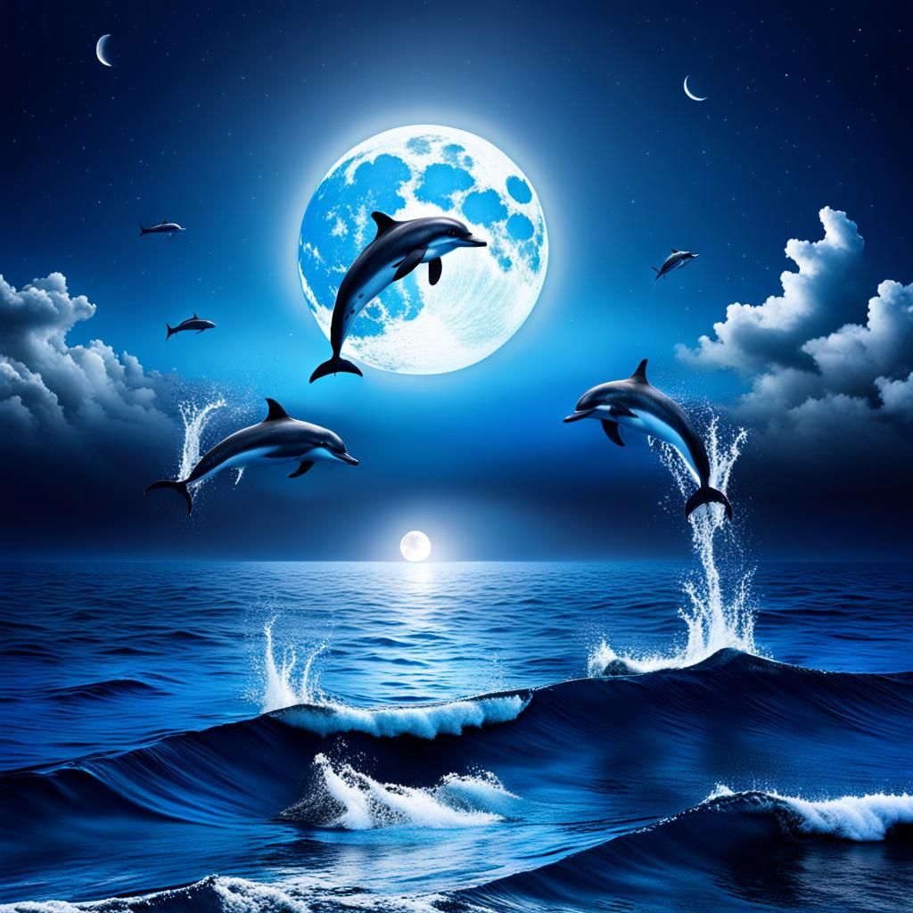 Dolphins Leaping Under a Full Moon