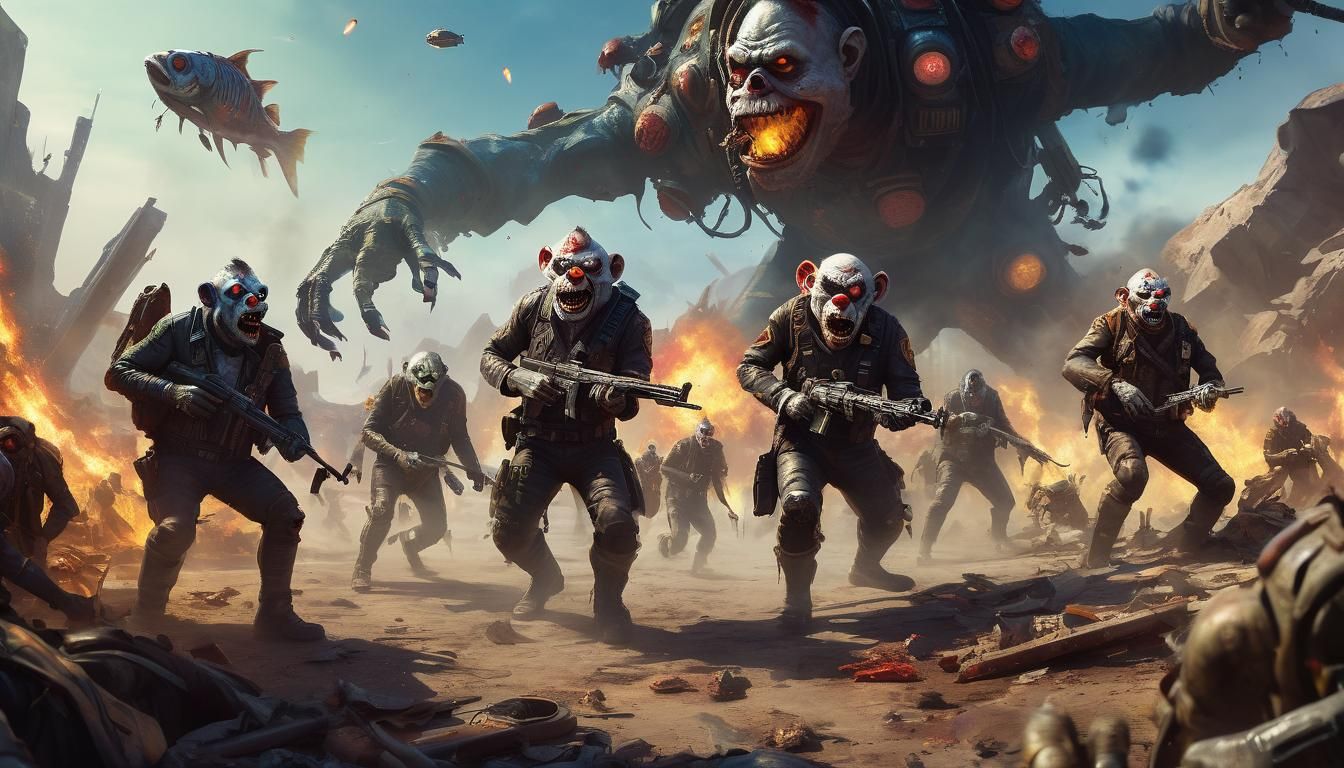 Alien Battle Scene with Zombie Monkey Clown Troopers