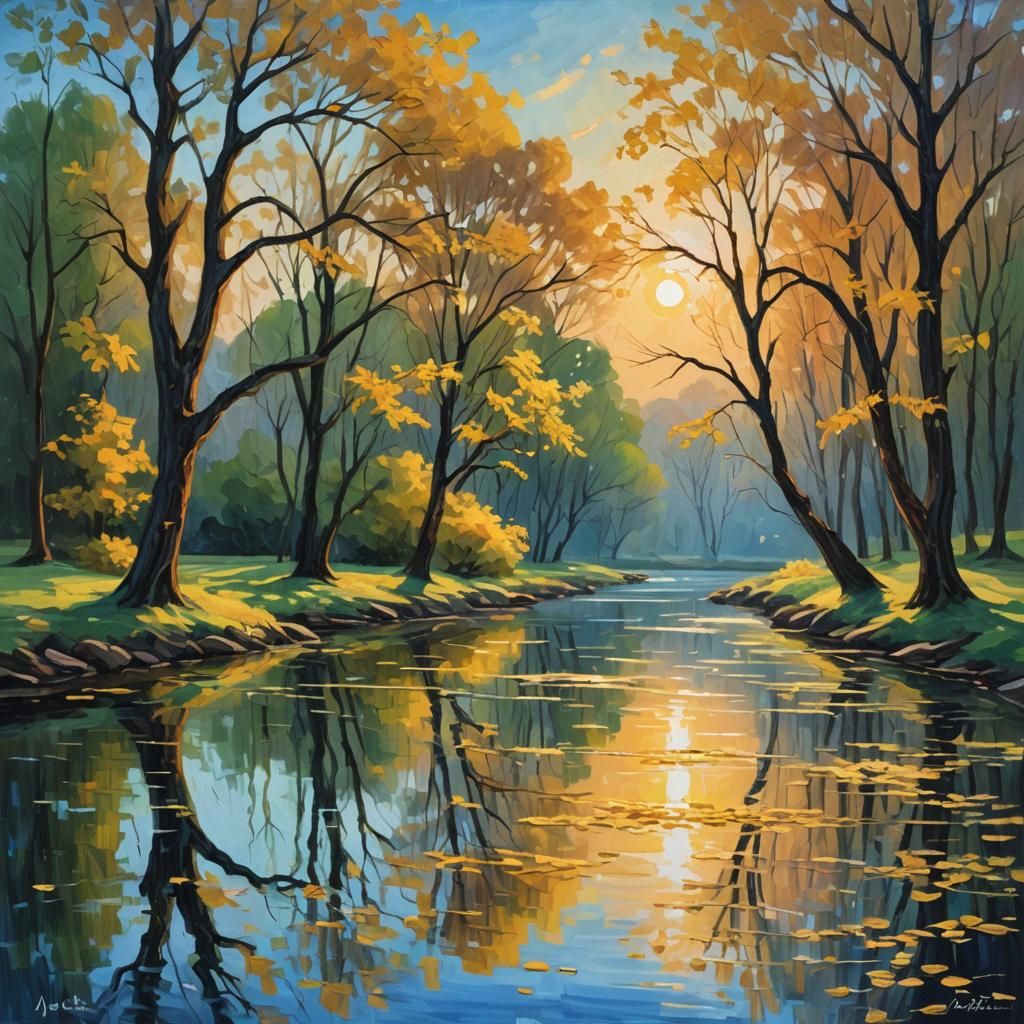 Sunset River Park in Expressionist Impasto Style