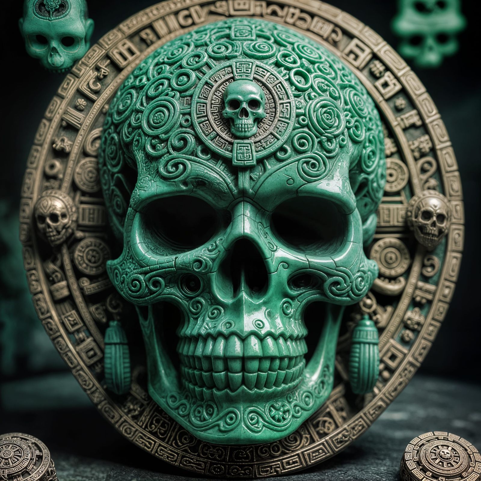 Hyperrealistic Aztec Jade Skull in HDR