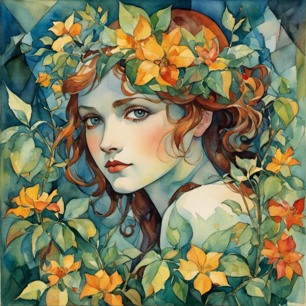 Fairy in Crystal Cubism Watercolor