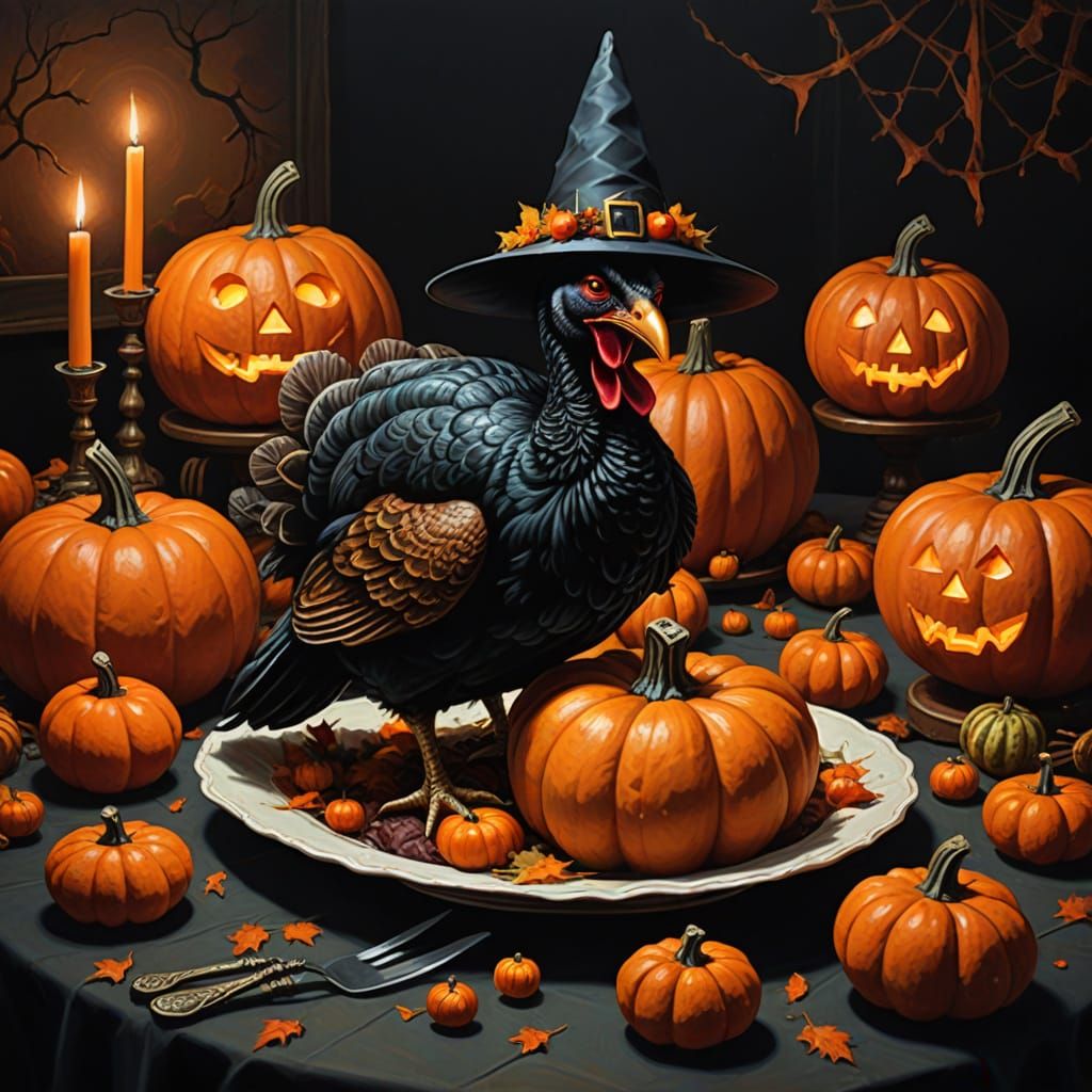 Surreal Spooky Turkey Oil Painting with Pumpkins