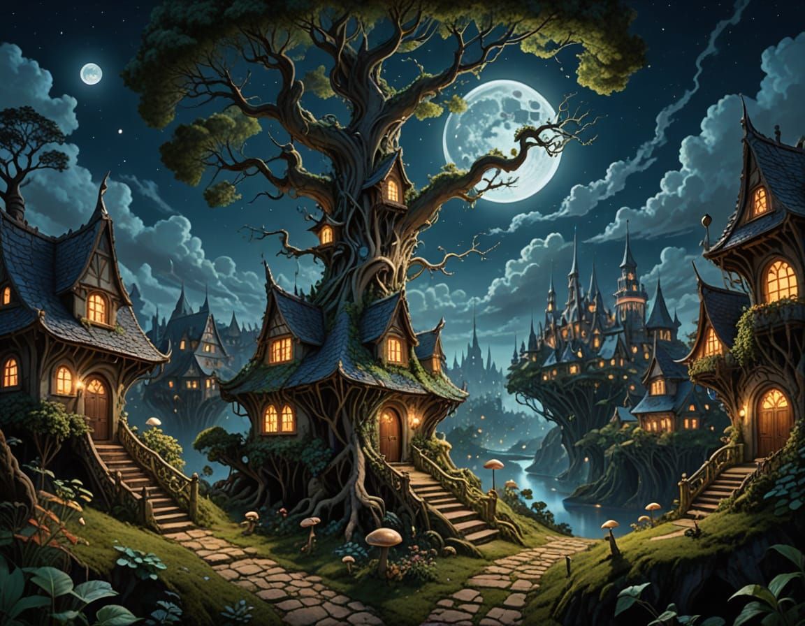 Ethereal Elven Metropolis Under the Full Moon