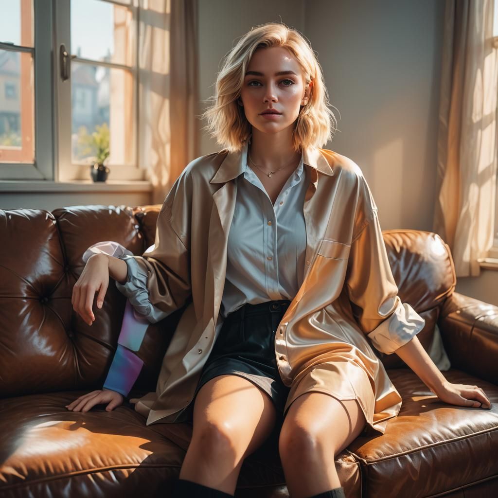 Blonde Girl on Leather Couch in Digital Art