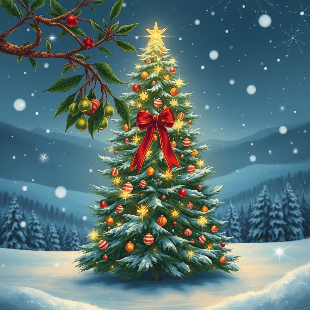 Enchanted Christmas Scene with Snowy Landscape and Sparkling...