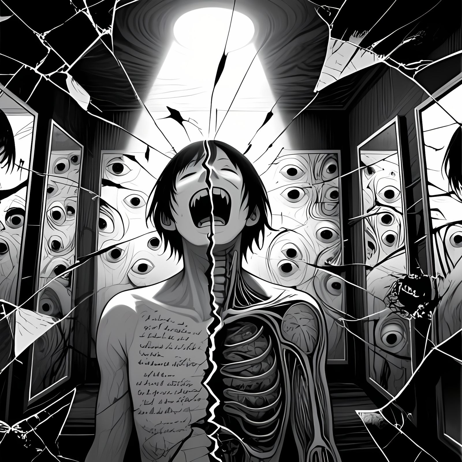 Fractured Mind: Surreal Horror Illustration in Black and Whi...