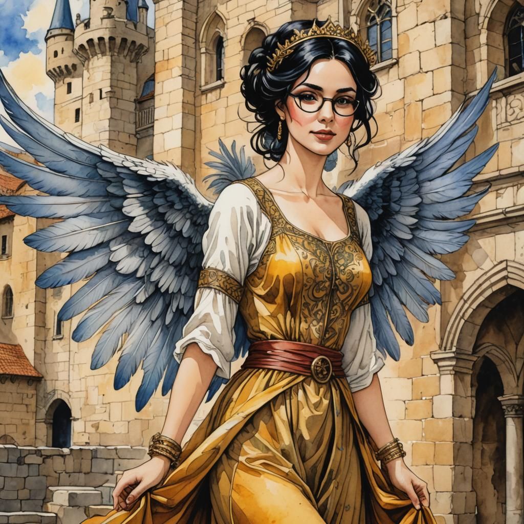 Medieval Angel with Black Hair in Watercolor Style