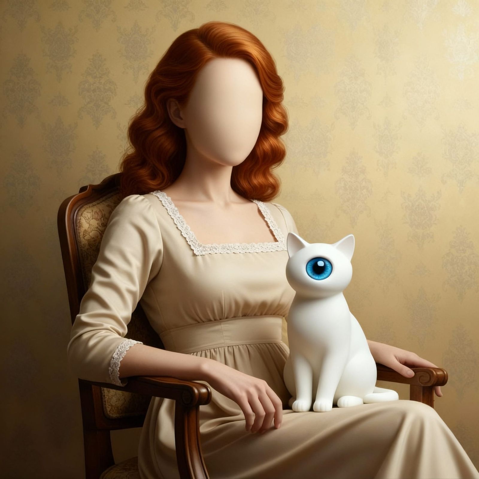 Faceless Woman With One-Eyed Cat On Lap