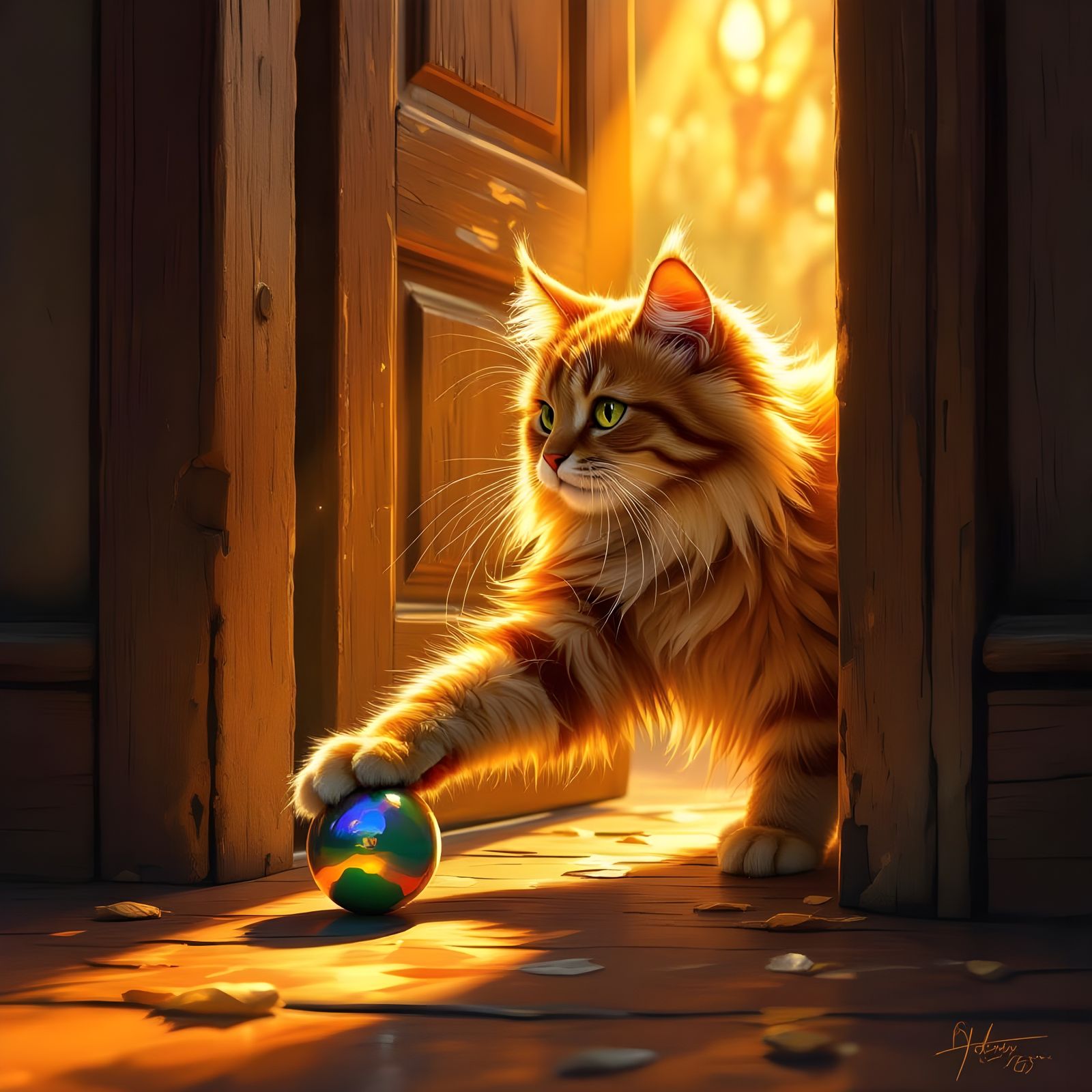 Whimsical Orange Cat Sneaks Under Door for Marble