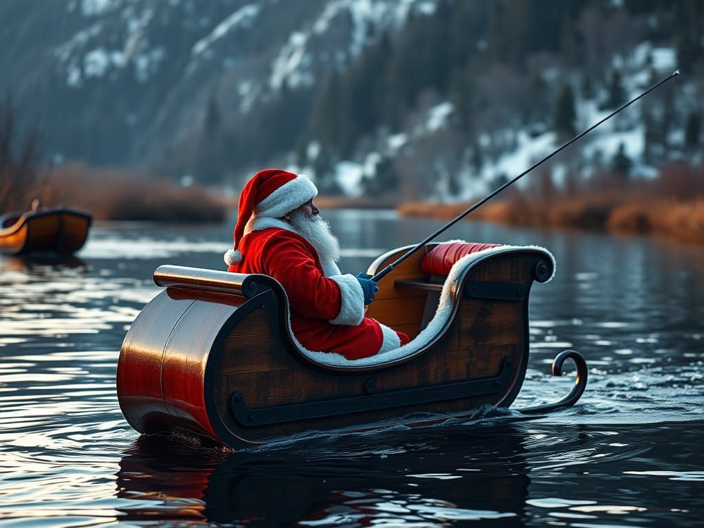 Santa in Serene River Landscape with Fishing Sleigh Boat