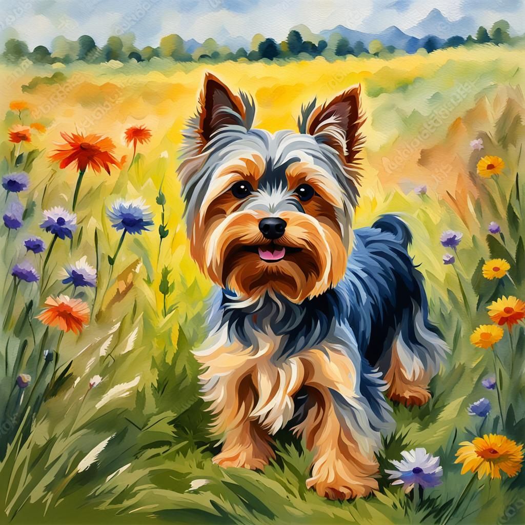 Yorkshire Terrier in Meadow: Gouache Impressionist Style