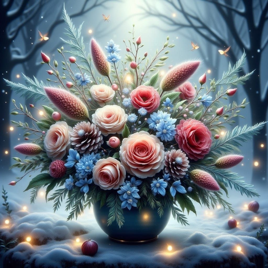 Winter Fairytale Bouquet in Dreamlike Illustration Style