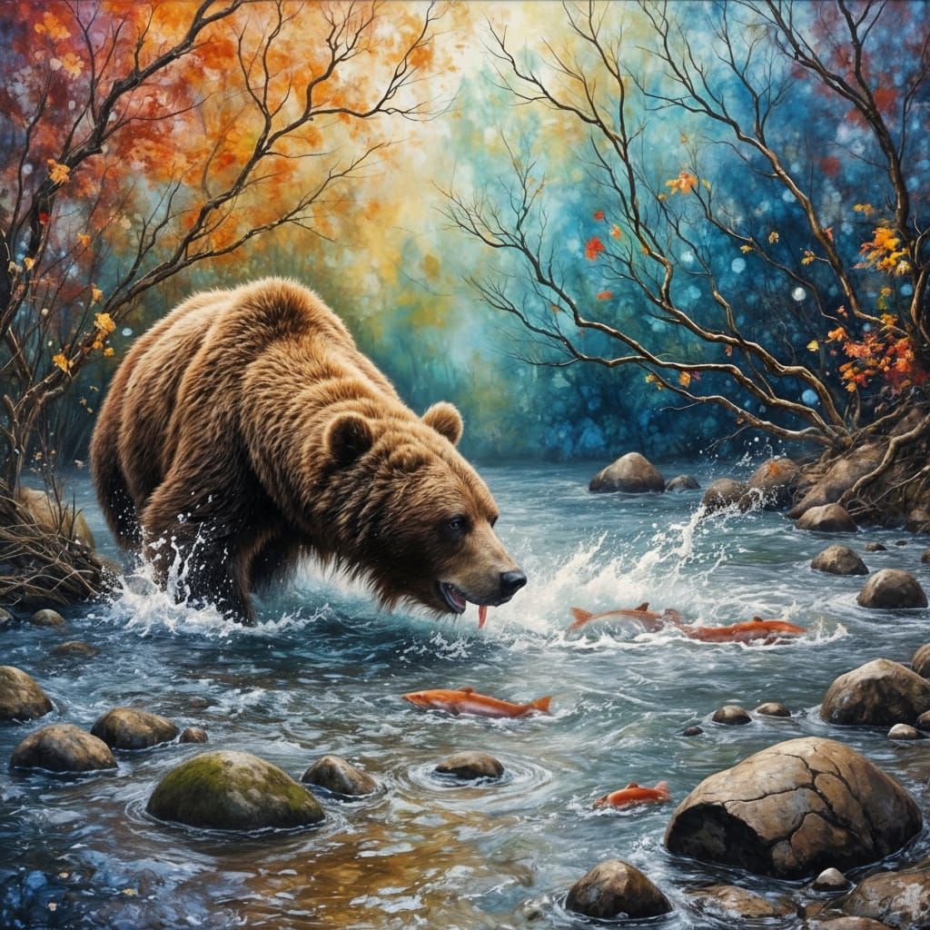 Hyperrealistic Grizzly Bear Fishing in River, Oil Painting
