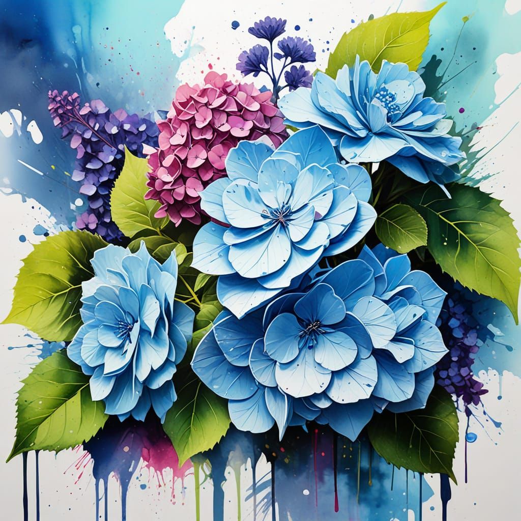 Vibrant Blue Hydrangeas in Watercolor Style