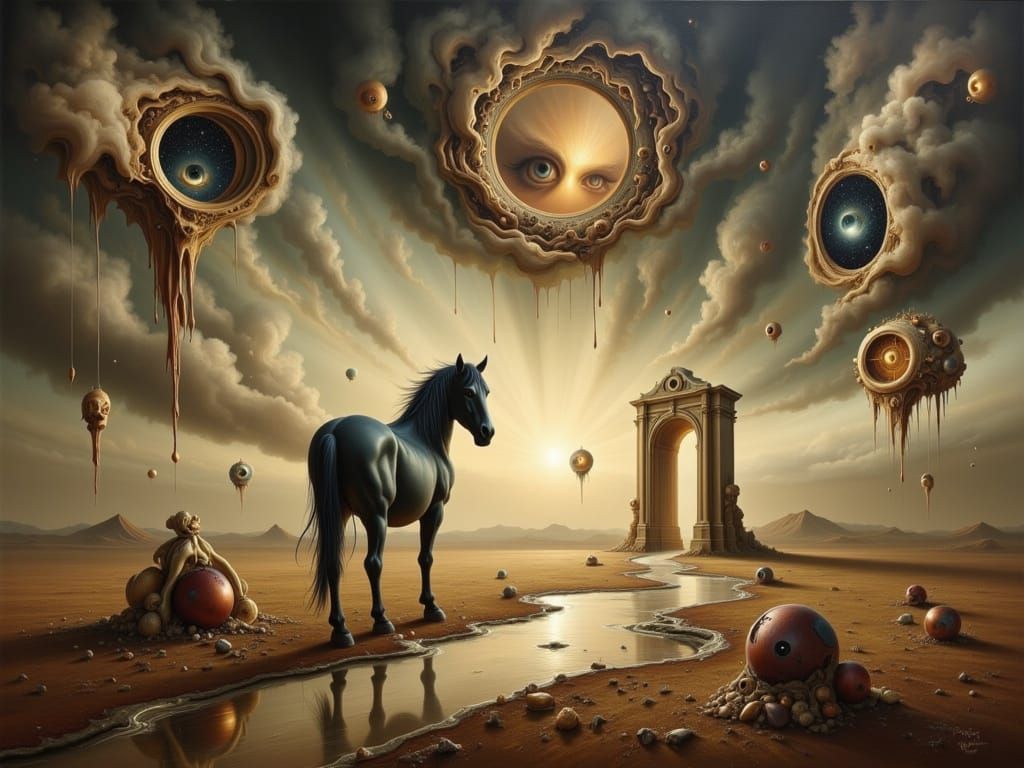 Surreal Archway on Desolate Plain with Dissolving Horse