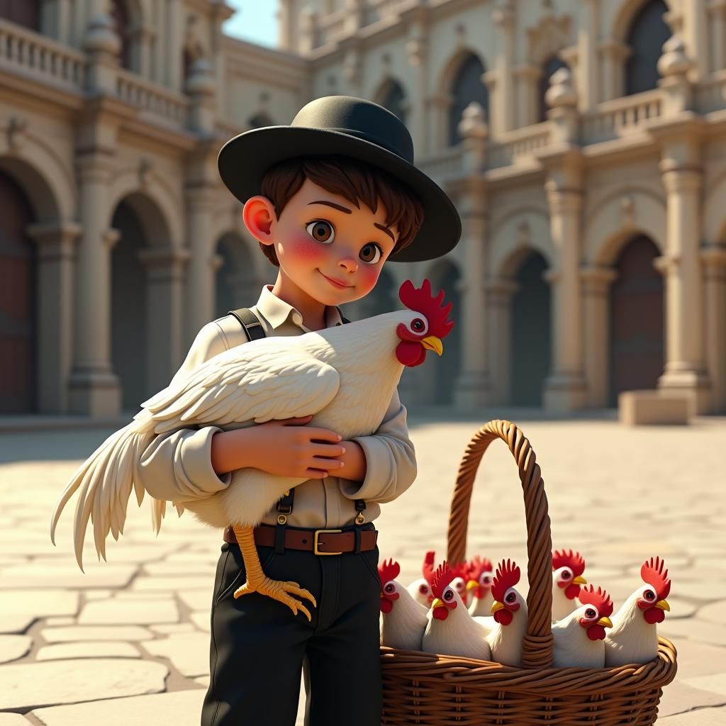 Boy with Rooster in Ornate Medieval Square