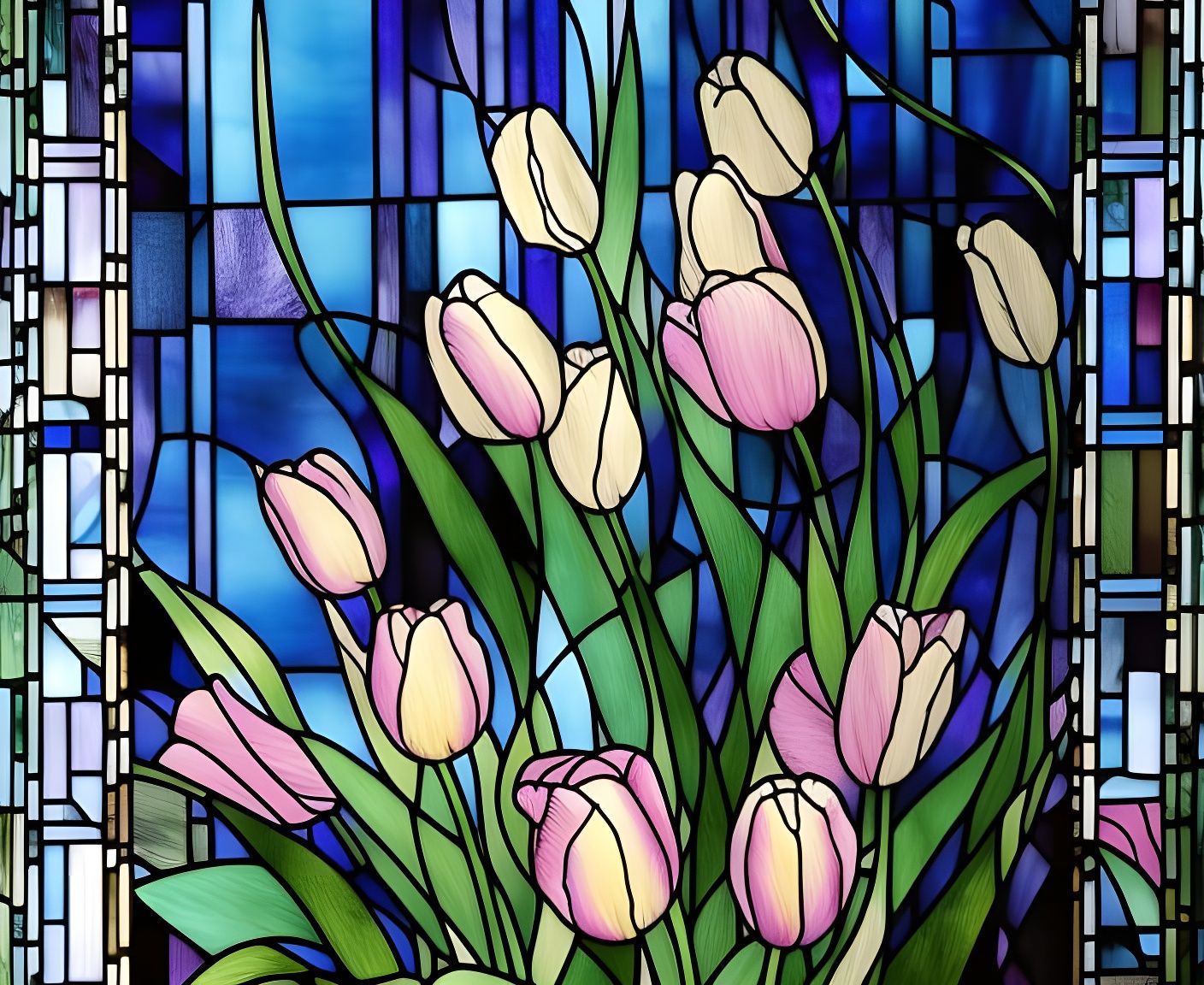 Stained Glass Pastel Tulips in Art Deco Style