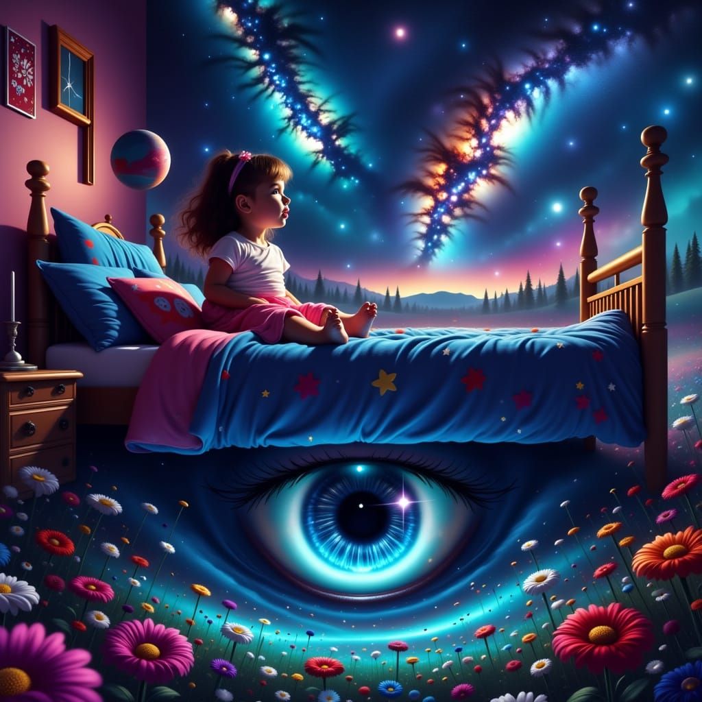 Surreal Child's Bedroom in Cosmic Nightmare Scene