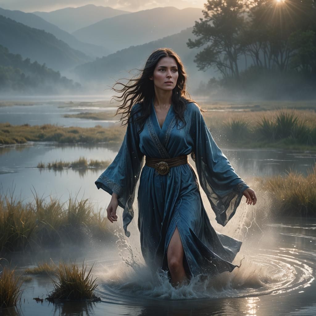 Woman Emerges from Misty Lake: Hyperrealistic Dark Fantasy