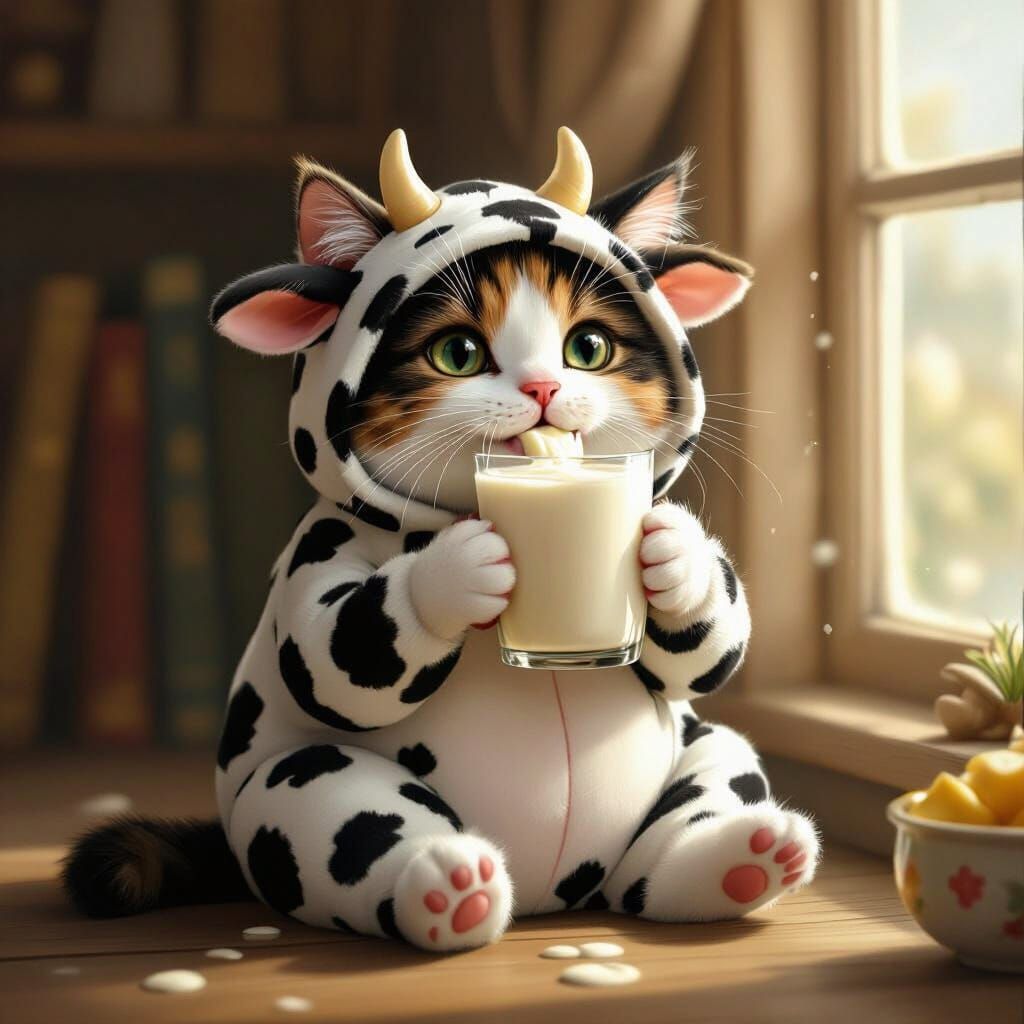 Tricolor Cat in Cow Costume Drinks Banana Milk