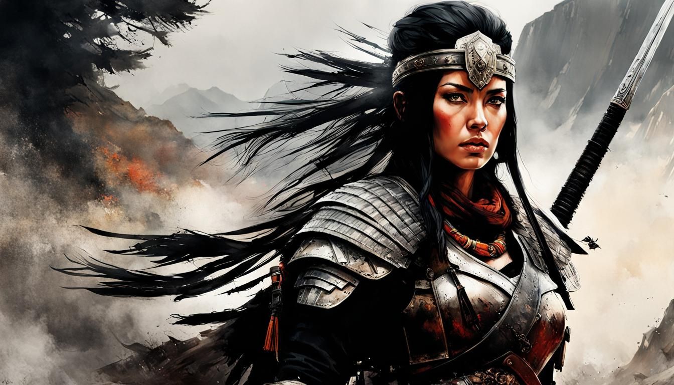 Female Warlord in Hyperrealistic Watercolour Landscape